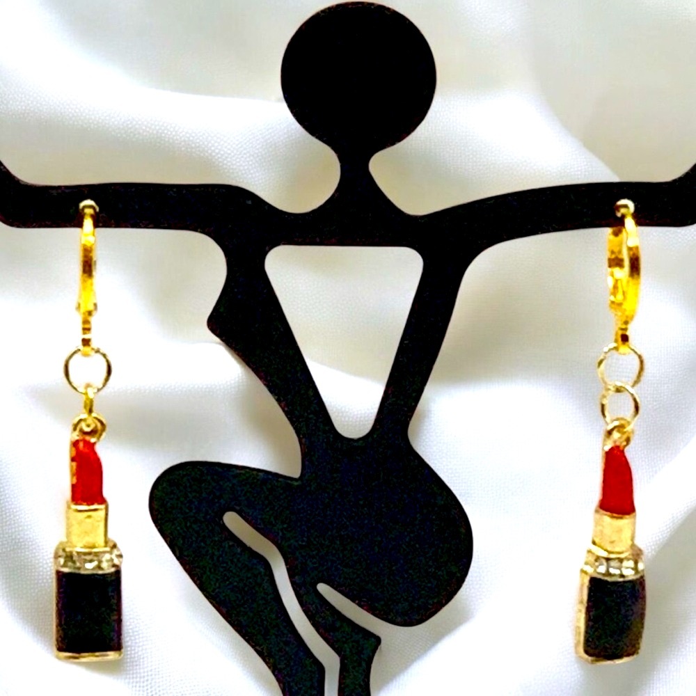 Lipstick Case & Red Lipstick Gold, Black, & Crystal Lever Back Dangle Earrings - Picture 2 of 3